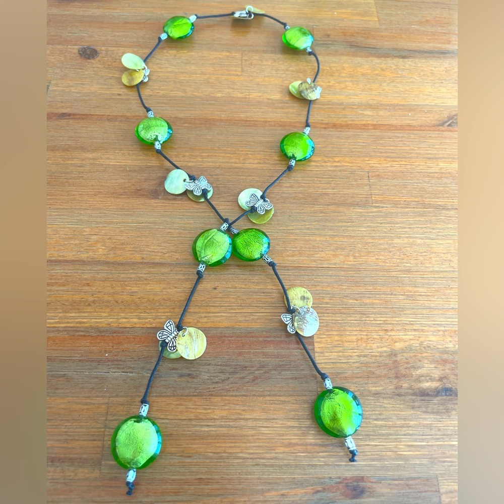 Handmade Peridot Green Foil Lined Glass Bead Lariat Necklace with Butterflies